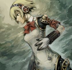 Rule 34 | 1girl, aegis (persona), android, armband, blonde hair, blue eyes, bow, dutch angle, hairband, persona, persona 3, profile, short hair, solo, zutii