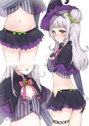 Rule 34 | 1girl, ass, blunt bangs, blush, butt crack, capelet, commentary, cover, crop top, flat chest, gloves, hair bun, hair ornament, hat, highres, hololive, light purple hair, looking at viewer, midriff, miniskirt, murasaki shion, murasaki shion (1st costume), navel, open mouth, pinstripe pattern, pinstripe shirt, racchi., shirt, simple background, single hair bun, single side bun, skirt, solo, striped clothes, striped shirt, vertical-striped clothes, vertical-striped shirt, virtual youtuber, white background, witch hat, yellow eyes