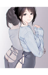 Rule 34 | 1girl, absurdres, artist name, ass, ass cutout, between buttocks, black eyes, black hair, butt crack, clothing cutout, gradient background, grey background, grey shirt, guitar little sister (hitomi o), hands up, highres, hitomi o, looking at viewer, multiple views, original, shirt, sleeves past wrists, smile, upper body