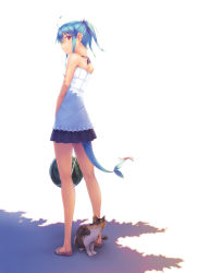 Rule 34 | 1girl, bare legs, bare shoulders, barefoot, blue hair, bug, calico, cat, day, dragonfly, food, from behind, fruit, full body, green hair, insect, legs, looking back, miniskirt, monster girl, nanakusa, original, pleated skirt, ponytail, purple eyes, red eyes, sandals, shade, simple background, skirt, solo, standing, tail, watermelon, white background