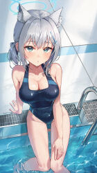 Rule 34 | 1girl, absurdres, animal ear fluff, animal ears, bare shoulders, black one-piece swimsuit, blue archive, blue eyes, blush, breasts, collarbone, competition swimsuit, covered navel, cross hair ornament, extra ears, grey hair, hair ornament, halo, highres, korean commentary, kustaru, large breasts, looking at viewer, medium hair, mismatched pupils, multicolored clothes, official alternate costume, one-piece swimsuit, ponytail, pool, poolside, shiroko (blue archive), shiroko (swimsuit) (blue archive), sitting, soaking feet, solo, swimsuit, wet, wolf ears