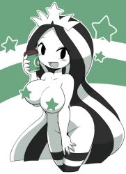Rule 34 | 1girl, black eyes, breasts, censored, cleavage, coffee cup, crown, cup, disposable cup, holding, holding cup, large breasts, long hair, looking at viewer, multicolored hair, navel, nollety, nude, open mouth, solo, starbucks, stb-chan, striped clothes, striped thighhighs, thighhighs, very long hair