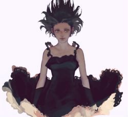 Rule 34 | 1girl, arms at sides, baccano!, bad id, bad pixiv id, black dress, black hair, brown eyes, chane laforet, cowboy shot, dress, expressionless, linda (lllinda bh), looking at viewer, solo, wind, wind lift