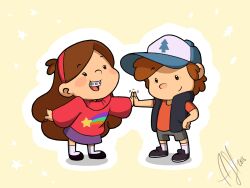 Rule 34 | 1boy, 1girl, :d, arm up, blush stickers, braces, brother and sister, brown hair, chibi, dated, dipper pines, full body, gravity falls, hand on own hip, hat, high five, hintojin, leaning forward, long hair, long sleeves, mabel pines, open mouth, outline, pink sweater, shadow, shorts, siblings, signature, simple background, smile, standing, star (symbol), star print, sweater, teeth, upper teeth only, white outline