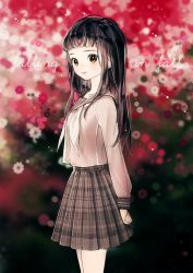 Rule 34 | 1girl, arms behind back, autumn, bad id, bad pixiv id, black hair, flower, gomzi, long hair, original, own hands clasped, own hands together, pleated skirt, revision, school uniform, serafuku, skirt, solo, standing, yellow eyes