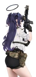 Rule 34 | 1girl, ammunition pouch, ar-15, ass, assault rifle, belt, black gloves, black shorts, blue archive, breasts, from behind, fte (fifteen 199), glock, gloves, gun, gun sling, halo, handgun, highres, holding, holding gun, holding weapon, holstered, looking ahead, medium breasts, military, pouch, purple hair, rifle, scope, shirt, shorts, simple background, solo, two side up, utility belt, weapon, weapon request, white background, white shirt, yuuka (blue archive)