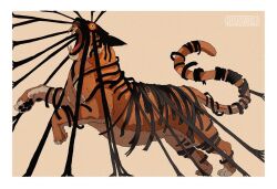 Rule 34 | animal focus, artist name, border, brown background, commentary, dream tiger (govy9807), english commentary, fangs, full body, looking at viewer, monster, no humans, open mouth, original, pawpads, rearing, restrained, rombutans, simple background, slit pupils, solo, tiger, white border, yellow eyes