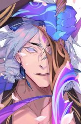 Rule 34 | 1boy, arm up, blue skin, collarbone, colored skin, eyeball earrings, facial mark, fingernails, grey hair, highres, holding, holding weapon, league of legends, long hair, making-of available, male focus, parted lips, petals, portrait, sharp fingernails, solo, spirit blossom yone, sword, upper body, vixen z6, weapon, yone (league of legends)