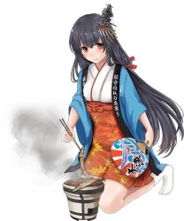 Rule 34 | 10s, 1girl, bag, black hair, chopsticks, cooking, hand fan, fish, full body, fusou (kancolle), grill, grilling, hair ornament, heater, kantai collection, kneeling, leaf print, long hair, looking at viewer, nontraditional miko, official art, paper fan, red eyes, rikka (rikka331), saury, shichirin, smoke, solo, transparent background, uchiwa