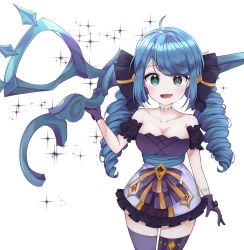 Rule 34 | 1girl, bad id, bad pixiv id, blue eyes, blue hair, breasts, cleavage, close-up, dress, drill hair, gloves, gwen (league of legends), highres, league of legends, long hair, matching hair/eyes, ribbon, scissors, short dress, solo, striped clothes, striped thighhighs, thighhighs