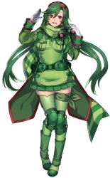 Rule 34 | 1girl, bad id, bad twitter id, black eyes, boots, cape, creatures (company), earrings, female focus, flygon, full body, game freak, gen 3 pokemon, gloves, goggles, green hair, green thighhighs, hair between eyes, highres, jewelry, katagiri hachigou, long hair, long sleeves, looking at viewer, nintendo, open mouth, personification, pokemon, simple background, solo, teeth, thighhighs, twintails, very long hair, waving, white background, white gloves, zettai ryouiki