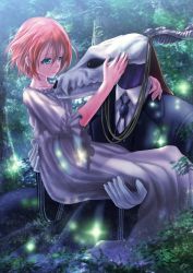 Rule 34 | 1boy, 1girl, animal skull, carrying, elias ainsworth, eye contact, fantasy, forest, formal, gloves, green eyes, hand on another&#039;s cheek, hand on another&#039;s face, hatori chise, horns, kein hasegawa, looking at another, mahou tsukai no yome, nature, nightgown, orange hair, outdoors, princess carry, short hair, skull, smile, suit, white gloves
