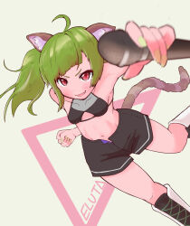 Rule 34 | ahoge, animal ear fluff, animal ears, bikini, bikini top only, black bikini, black shorts, blunt bangs, blurry, blurry foreground, blush, boots, breasts, cat ears, cat tail, character name, cleavage cutout, clothing cutout, collarbone, cross-laced footwear, delutaya, fang, green hair, highres, indie virtual youtuber, knee boots, ksatorium531, long hair, looking at viewer, microphone, multicolored footwear, navel, open clothes, open fly, open shorts, partially unzipped, reaching, reaching towards viewer, red eyes, shorts, sidelocks, simple background, skin fang, small breasts, smile, striped tail, swimsuit, tail, twintails, utaite, white background, yellow nails