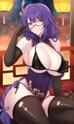 Rule 34 | 1girl, :q, absurdres, bare shoulders, bespectacled, black-framed eyewear, black bra, black gloves, black thighhighs, bra, breasts, china dress, chinese clothes, commentary request, dress, elbow gloves, floral print, genshin impact, glasses, gloves, hand up, highres, kanta (kanta 077), large breasts, long braid, long hair, purple dress, purple eyes, purple hair, raiden shogun, sitting, sleeveless, sleeveless dress, solo, thick thighs, thighhighs, thighs, tongue, tongue out, underwear, very long hair