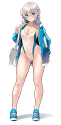 Rule 34 | 1girl, absurdres, bag, blue footwear, blue jacket, blue one-piece swimsuit, blush, breasts, cleavage, collarbone, competition swimsuit, covered navel, full body, green eyes, grey hair, highleg, highleg swimsuit, highres, jacket, kekemotsu, large breasts, long hair, long sleeves, looking at viewer, one-piece swimsuit, open clothes, open jacket, original, shoes, shoulder bag, sneakers, solo, swimsuit, two-tone swimsuit, white one-piece swimsuit
