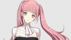 Rule 34 | 1girl, closed mouth, female focus, fire emblem, fire emblem: three houses, garreg mach monastery uniform, grey background, hilda valentine goneril, long hair, looking at viewer, matching hair/eyes, nintendo, pink eyes, pink hair, roroichi, simple background, smile, solo, twintails, uniform, upper body