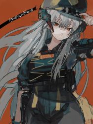 Rule 34 | 1girl, arknights, bad id, bad twitter id, black hat, black shirt, bulletproof vest, cigarette, collared shirt, commentary request, dragon horns, english text, grey hair, hair between eyes, hat, head tilt, highres, horns, long hair, looking at viewer, military hat, official alternate costume, omcxxx, open collar, orange background, orange eyes, police, police uniform, saria (arknights), saria (the law) (arknights), shirt, simple background, sleeves rolled up, solo, tactical clothes, uniform, upper body, very long hair