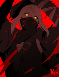 Rule 34 | 1girl, belt, blood, bloodborne, grey hair, hat, highres, holding, holding weapon, hunter (bloodborne), koyorin, long hair, looking at viewer, mask, mouth mask, red background, saw, saw cleaver, solo, tricorne, upper body, weapon, yellow eyes