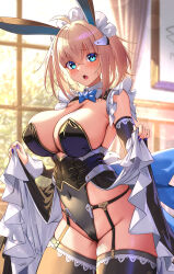 Rule 34 | 1girl, :o, animal ears, black garter straps, black leotard, black sleeves, black thighhighs, blonde hair, blue bow, blue bowtie, blue eyes, blue nails, blush, bow, bowtie, breasts, cleavage, clothes lift, covered navel, crossed bangs, detached sleeves, dress, dress lift, fake animal ears, frills, garter straps, highres, indoors, large breasts, leotard, long sleeves, looking at viewer, maid headdress, medium hair, nail polish, open mouth, original, rabbit ears, solo, sophia f shirring, takamine nadare, thighhighs, white headwear