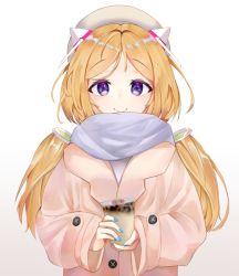 Rule 34 | 1girl, ahoge, aki rosenthal, beige jacket, blonde hair, blue nails, bob cut, breasts, bubble tea, commentary, detached hair, fuenyuan, hair ornament, holding, hololive, long hair, looking at viewer, nail polish, open mouth, parted bangs, purple eyes, scarf, simple background, smile, twintails, virtual youtuber, white background, white scarf