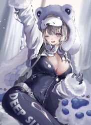 Rule 34 | 1girl, black bodysuit, bodysuit, breasts, clothes writing, covered navel, goddess of victory: nikke, grey hair, han (hztv5523), hands up, headphones, headphones around neck, hood, hood up, large breasts, long sleeves, looking at viewer, lying, mask, mask on head, mole, mole on breast, mole under mouth, neve (nikke), one eye closed, open bodysuit, open clothes, open mouth, partially unzipped, sleep mask, solo, thick eyebrows