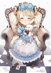 Rule 34 | 1girl, absurdres, aged down, alice (alice in wonderland), alice (alice in wonderland) (cosplay), blonde hair, blush, bow, card, checkered floor, cosplay, dress, falling petals, frilled dress, frilled sleeves, frills, hair bow, half-closed eyes, highres, idolmaster, idolmaster cinderella girls, long sleeves, looking at viewer, mary janes, morikubo nono, hugging object, on chair, petals, pinafore dress, playing card, puffy long sleeves, puffy sleeves, shisui (5830217), shoes, sitting, sleeveless dress, solo, stuffed animal, stuffed rabbit, stuffed toy, tearing up, tears, twitter username, two-tone dress, two side up