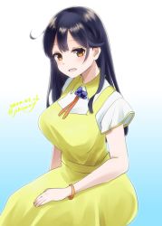 Rule 34 | 1girl, ahoge, black hair, blue background, brown eyes, commentary request, dated, dress, feet out of frame, gradient background, highres, johssnny, kantai collection, long hair, looking at viewer, one-hour drawing challenge, sitting, smile, solo, twitter username, ushio (kancolle), white background, yellow dress
