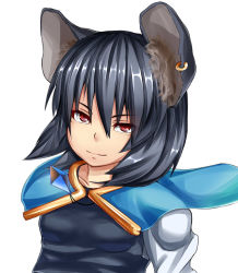 Rule 34 | 1girl, animal ears, capelet, collarbone, ear piercing, grey hair, half-closed eyes, looking at viewer, mouse ears, nazrin, peso (cheese company), piercing, red eyes, shirt, smile, solo, touhou, upper body, white background