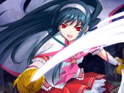 Rule 34 | 1girl, alice soft, blue hair, daibanchou, game cg, kyoudou senna, long hair, open mouth, red eyes, solo, sword, tagme, weapon
