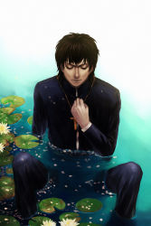 Rule 34 | 1boy, brown hair, cross, cross necklace, closed eyes, fate/zero, fate (series), flower, highres, holding, holding cross, jewelry, kotomine kirei, lily pad, male focus, mujun no kuro, necklace, partially submerged, realistic, solo, water