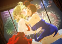 Rule 34 | 2girls, backless dress, backless outfit, blonde hair, grabbing another&#039;s breast, casino paradise, curly hair, dress, closed eyes, fireworks, game cg, grabbing, iida sora, kiss, kitato minami, multiple girls, on bed, short hair, side ponytail, side slit, strapless, strapless dress, tinkle bell, yuri