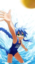 Rule 34 | 1girl, absurdres, ahoge, armpits, blue hair, blush, braid, braided ponytail, clenched hand, flat chest, green eyes, highres, izumi konata, long hair, looking away, lucky star, mole, one-piece swimsuit, school swimsuit, swimsuit, water