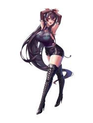 Rule 34 | 2v (joyeong), absurdres, arm strap, armpits, arms up, bat wings, black hair, black shorts, black thighhighs, boots, breasts, choker, cleavage, cleavage cutout, clothing cutout, collar, cross-laced footwear, destiny child, detached sleeves, earrings, elbow gloves, fishnet sleeves, fishnets, frilled skirt, frills, gem, gloves, halloween, halloween costume, happy, heart cutout, high heel boots, high heels, highres, ishimi (destiny child), jewelry, lace-up boots, large breasts, necklace, open mouth, purple eyes, see-through, short shorts, shorts, skirt, solo, stiletto boots, stiletto heels, tail, thigh boots, thighhighs, torn wings, white background, wings