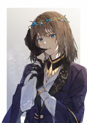 Rule 34 | 1boy, alternate hair color, biting, black gloves, black hair, black jacket, blue eyes, blue flower, blue rose, bracelet, commentary request, fate/grand order, fate (series), flower, gloves, head wreath, hexagram, highres, jacket, jewelry, light blush, long sleeves, looking at viewer, male focus, no wings, oberon (fate), oberon (overnight dream) (fate), official alternate costume, rose, shirt, solo, spoilers, star (symbol), star of david, star print, uncleko5, upper body, white flower, white shirt, wreath