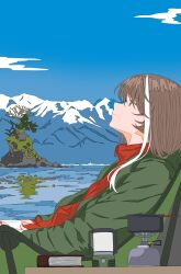 Rule 34 | 1girl, absurdres, asu (sinsekai), backpacking stove, bare tree, blue sky, book, brown hair, camping chair, closed mouth, coat, cup, from side, green coat, green eyes, highres, holding, holding cup, island, jacket, kino (kin0 oz), lake, lantern, light smile, ligne claire, long sleeves, looking up, mountain, mountainous horizon, multicolored hair, open clothes, open coat, outdoors, portable stove, profile, red jacket, sinsekai studio, sky, solo, streaked hair, table, tree, turtleneck, upper body, virtual youtuber, white hair
