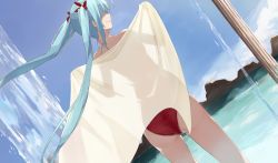 Rule 34 | 1girl, aqua hair, ass, bad id, bad pixiv id, cccpo, dutch angle, from behind, hatsune miku, long hair, see-through, solo, swimsuit, towel, twintails, very long hair, vocaloid, water
