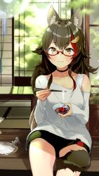 Rule 34 | alternate costume, animal ears, blush, breasts, chopsticks, collarbone, commentary, food, glasses, highres, hololive, long hair, looking at viewer, ookami mio, ookami mio (casual), shorts, smile, solo, tail, virtual youtuber, wolf ears, wolf tail, yellow eyes, yuyaiyaui