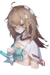 Rule 34 | 1girl, aa-12 (girls&#039; frontline), ahoge, asa achen, bags under eyes, bandage on face, bandaged hand, bandages, bandaid, bandaid on face, bandaid on nose, blue eyes, breasts, brown hair, candy, cleavage, commentary request, food, girls&#039; frontline, girls&#039; frontline neural cloud, highres, holding, holding candy, holding food, holding lollipop, intravenous drip, lind (neural cloud), lollipop, long hair, medium breasts, messy hair, simple background, solo, upper body, white background