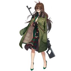 Rule 34 | 1girl, animal ears, arm up, black gloves, breasts, brown eyes, brown hair, buttons, cleavage, closed mouth, coat, collar, dress, fingerless gloves, full body, girls&#039; frontline, glasses, gloves, green dress, green footwear, gun, hair between eyes, hair ornament, holding, holding clothes, long hair, looking at viewer, nin (lion), official alternate costume, official art, shoes, solo, standing, transparent background, type 88 (girls&#039; frontline), type 88 (noble orchid) (girls&#039; frontline), weapon