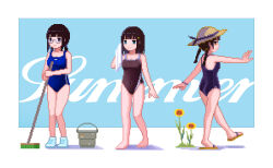 Rule 34 | 3girls, absurdres, arm at side, bare legs, barefoot, black eyes, black hair, black one-piece swimsuit, blue background, blue footwear, blue one-piece swimsuit, blunt bangs, bracelet, breasts, broom, brown eyes, brown headwear, bucket, cleaning, closed mouth, commentary, competition school swimsuit, competition swimsuit, english commentary, english text, flip-flops, flower, full body, glasses, green eyes, hair tie, hat, highres, holding, holding broom, holding towel, jewelry, long hair, looking at viewer, looking back, multiple girls, new school swimsuit, nino berlin, one-piece swimsuit, original, outstretched arms, pixel art, ponytail, sandals, school swimsuit, semi-rimless eyewear, shadow, shoes, sidelocks, small breasts, smile, sneakers, standing, straw hat, summer, sun hat, sunflower, sweeping, swimsuit, towel, twintails, under-rim eyewear, yellow flower