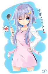 Rule 34 | 1girl, apron, blue eyes, blush, crescent, crescent hair ornament, hair between eyes, hair ornament, hand on own hip, heart, holding, holding ladle, kantai collection, ladle, long sleeves, one eye closed, pink apron, purple hair, shirt, short hair with long locks, signature, simple background, skirt, smile, solo, sou (soutennkouchi), spoken heart, translated, two-tone background, white shirt, yayoi (kancolle)