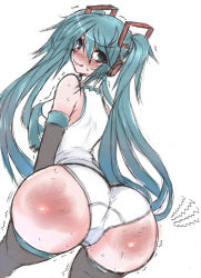 Rule 34 | 1girl, aqua eyes, aqua hair, ass, blush, female focus, hatsune miku, huge ass, long hair, looking at viewer, looking back, niwakaame (amayadori), panties, simple background, solo, spanked, tears, thighhighs, trembling, twintails, underwear, vocaloid, white background
