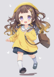 Rule 34 | 1girl, :d, absurdres, aged down, anya melfissa, bag, black footwear, black skirt, blush stickers, brown hair, collarbone, collared shirt, full body, gradient hair, grey background, hair ornament, hat, heart, highres, hololive, hololive indonesia, ikazu401, kindergarten uniform, long sleeves, multicolored hair, open mouth, pleated skirt, puffy long sleeves, puffy sleeves, purple eyes, round teeth, running, school hat, shadow, shirt, shoe soles, shoes, shoulder bag, skirt, sleeves past wrists, smile, socks, solo, teeth, two side up, upper teeth only, virtual youtuber, white socks, yellow hat, yellow shirt