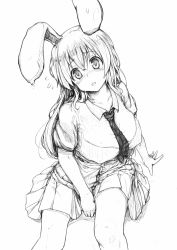 Rule 34 | 1girl, animal ears, between breasts, blush, breasts, collared shirt, flying sweatdrops, greyscale, large breasts, long hair, looking at viewer, miniskirt, monochrome, necktie, necktie between breasts, pleated skirt, rabbit ears, reisen udongein inaba, see-through, shirt, simple background, sitting, skirt, solo, touhou, wc3215410, wet, wet clothes, white background, wing collar