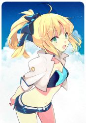 Rule 34 | 1girl, 87banana, ahoge, arms behind back, artoria pendragon (all), artoria pendragon (fate), belt, blonde hair, blue choker, breasts, choker, commentary request, cropped jacket, fate/stay night, fate (series), green eyes, hair ribbon, jacket, looking at viewer, navel, open clothes, open jacket, ponytail, race queen, ribbon, saber (fate), saber (type-moon racing) (fate), smile, solo