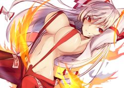 Rule 34 | 1girl, arms up, bow, breasts, fire, fujiwara no mokou, grin, hair bow, large breasts, long sleeves, looking at viewer, navel, ofuda, open clothes, open shirt, pants, red eyes, red pants, satou rin (gobugabuge), shirt, simple background, smile, solo, suspenders, touhou, v-shaped eyebrows, white background, white bow, white hair, white shirt