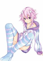 Rule 34 | 10s, 1girl, aria (schwarza97rw0rd), blush, d-pad, female focus, hair ornament, highres, hood, hooded track jacket, jacket, looking at viewer, neptune (neptunia), neptune (series), purple eyes, purple hair, short hair, smile, solo, striped clothes, striped thighhighs, thighhighs, track jacket