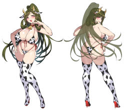 Rule 34 | 1girl, absurdres, animal ears, animal print, ass, backboob, bare shoulders, bell, bikini, blush, boots, breasts, brown hair, butt crack, cleavage, closed mouth, collar, commentary request, cow ears, cow print, cow print bikini, fake animal ears, fake horns, female focus, full body, hair ornament, hand on own hip, high heels, highleg, highleg bikini, highres, horns, large breasts, lips, lipstick, long hair, looking at viewer, looking back, makeup, mole, mole on breast, mole under eye, multiple views, navel, neck bell, open mouth, original, ponytail, print bikini, purple eyes, red lips, senri gan, shiny skin, simple background, smile, stomach, swimsuit, thigh boots, thighhighs, thighs, turnaround, white background
