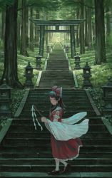 Rule 34 | 1girl, blush, brown hair, detached sleeves, fjsmu, forest, gohei, hair ribbon, hair tubes, hakurei reimu, highres, loafers, looking at viewer, nature, red eyes, red ribbon, ribbon, shoes, short hair, shrine, sidelocks, solo, stairs, torii, touhou, tree, wide sleeves