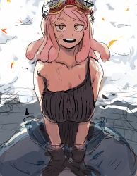 Rule 34 | 1girl, baggy pants, bare shoulders, black shirt, boku no hero academia, breasts, cleavage, collarbone, gloves, goggles, goggles on head, hatsume mei, large breasts, looking at viewer, medium hair, open mouth, pants, pink hair, pixiv14558220, shirt, sitting, smile, smoke, solo, symbol-shaped pupils, tank top, yellow eyes